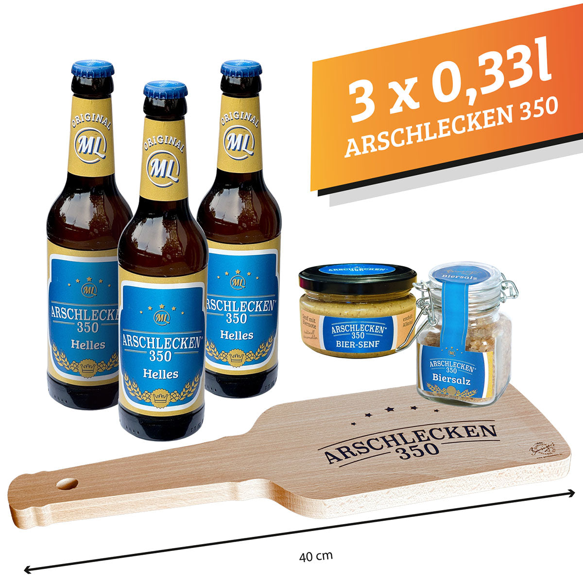 Männergeschenk 3 Flaschen Arschlecken 350 + Biersenf + Biersalz + Brettchen