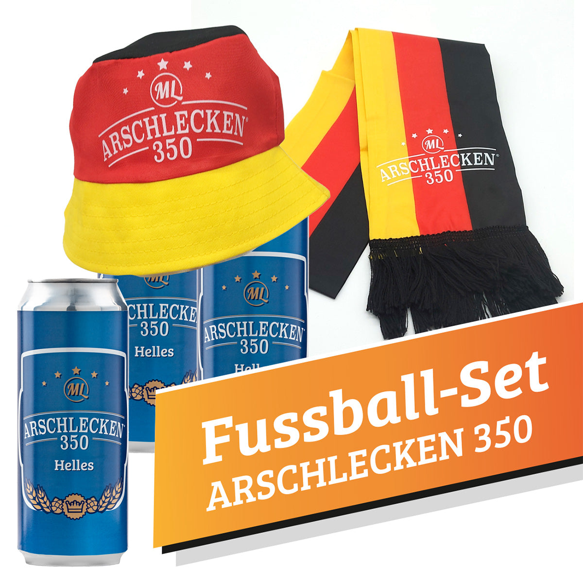 Fussball-Fan-Set Arschlecken350 in Schwarzrotgold mit 3 Dosen Bier