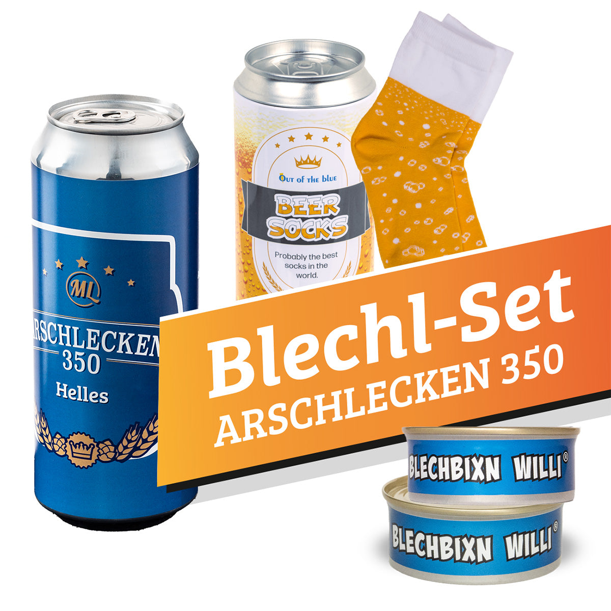 Blechl-Set Arschlecken350 1x Dose Bier Arschlecken 350 + Biersocken und 2x Bixn Willi